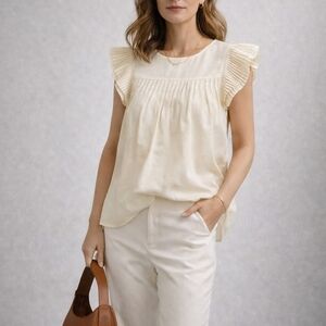 J. Crew Ivory Blouse Plated Flutter Slevees Silk Cotton Mininmalist Scandinavia